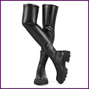 Women's Over Knee Boots Platform Lug Sole Stretch Zipper Comfortable